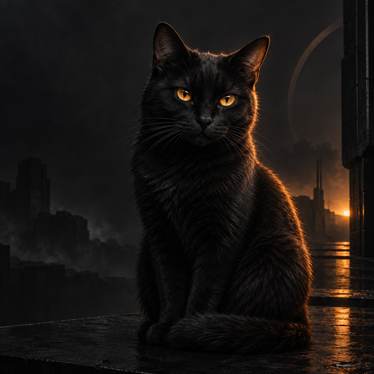 MUTE, a calm black cat with amber eyes